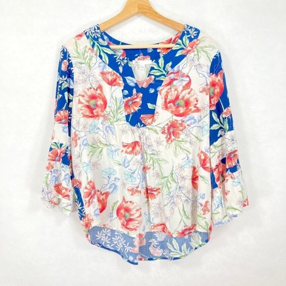 DR2  Boho 3/4 Sleeve Floral Lightweight Blouse Size Large